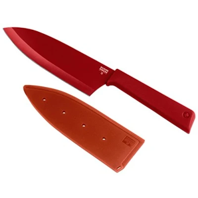 Imagen de KUHN RIKON, Cuchillo Santoku de cocina antiadherente con funda seguridad Colori +, 27.5 cm, Rojo
