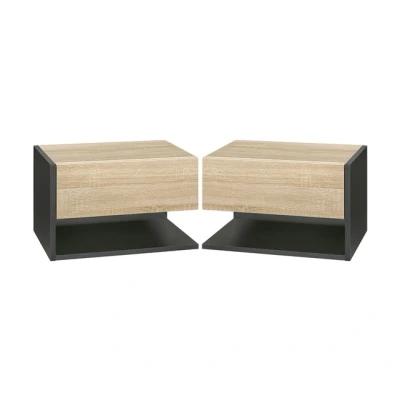 Imagen de HOMCOM Juego de 2 Mesitas Noche Flotantes Colgantes con 1 Cajón y Estante Abierto para Dormitorio 46x30x30 cm Roble Negro
