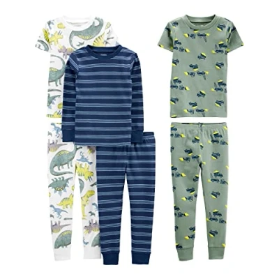 Imagen de Simple Joys by Carter&#039;s 6 Piece Snug Fit Cotton Pajama Set Conjunto de Pijama, Azul Rayas/Blanco Dinosaurio/Verde Construcción, 3 años (Pack 3) para Niños