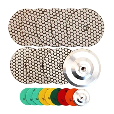 Imagen de HIGHDRIL Almohadillas Pulido Diamante Seco 8pcs(#50x3/#100x2/#200/#400/#800) con M14 Soporte Aluminioástico + Adaptador Lijado 125MM para Granito Piedra Mármol Amoladora Pulir Kit