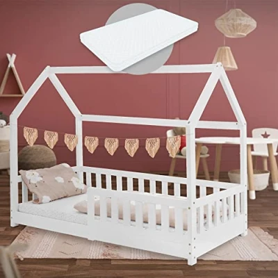 Imagen de ML Design Cama Infantil Blanca con Colchón De Espuma Fría 80x160 cm Protección Anticaída Techo Somier Estructura Listones Madera Maciza Pino para Niñas Y Niños Forma Casa Cuna Estable Juego