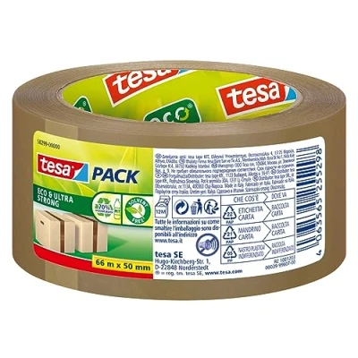 Imagen de tesa pack eco &amp; ultra strong Cinta Adhesiva de Embalaje Hecha con Material reutilizado, Cierre Seguro Paquetes Hasta 30 kg Peso, 1 Rollo 50 m x mm