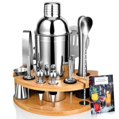 Imagen de Cocktail Set, Coctelera Profesional de Acero Inoxidable 12 Piezas, 750 ml, Kit Barman con Soporte Madera para El Hogar o Bar, Libro Cócteles