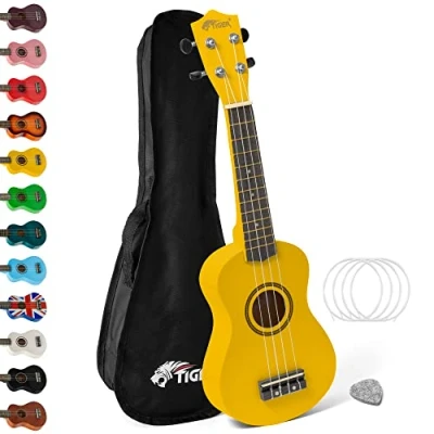 Imagen de Tiger UKE7 Ukelele soprano para principiantes, incluye funda, púa de fieltro, juego cuerdas repuesto,ahora equipado con Aquila, Amarillo