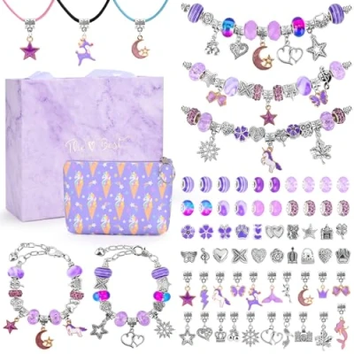 Imagen de Sarsumir Kit para Hacer Pulseras Niña, Niña con Beads y Collares Ajustables, Manualidades Niños 4 12 Años, Morado