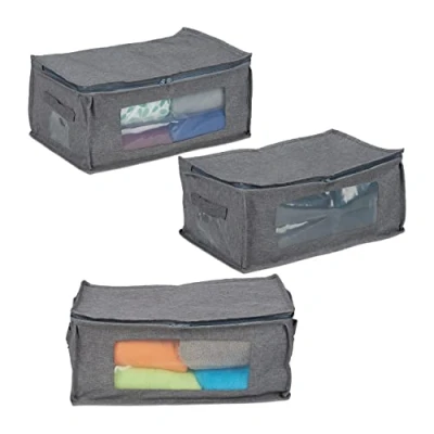 Imagen de Relaxdays Set de 3 Bolsas Almacenamiento, Plegable, Almacenaje Ropa Bajo la Cama, Tela, 20 x 45 30 cm, Gris, Algodón
