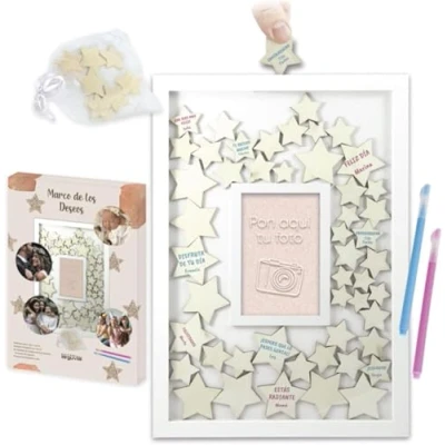 Imagen de Marco de los Deseos 42 x 29 centimetros, Personalizable con Foto 10x15 cm, 50 Estrellas Madera para Firmas Libro Visitas y firmas, Ideal Bodas, bautizos Eventos Especiales