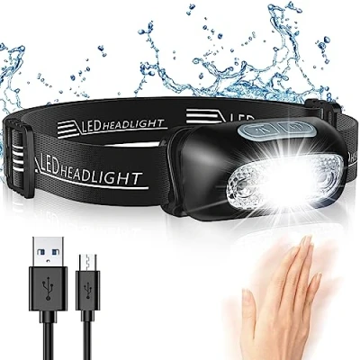 Imagen de Glangeh Linterna Frontal, Impermeable IPX6 Frontal LED Recargable USB 4 Modes de Luz con Sensor, 500 Lúmenes Cabeza 1200mAh Ajustable Ángulo &amp; Correa para Camping Correr Pesca Ciclismo