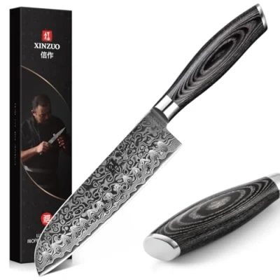 Imagen de XINZUO Cuchillo de Santoku 17.8cm Acero Damasco, Profesional para Verduras Asiáticos Forjado a Mano Cuchillos Cocina con Mango Madera Pakka Ya Serie