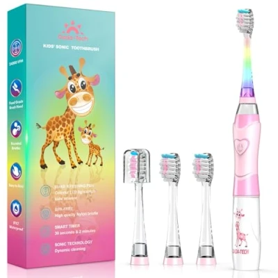 Imagen de cepillo de dientes eléctrico para niños a partir 3 6 8 12 años con luz LED arcoíris colorida, temporizador integrado, 90% cerdas redondeadas, sónico pequeños