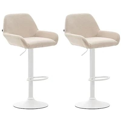 Imagen de CLP Set De 2 Taburetes Braga Tapizado En Tela, Regulables Altura &amp; Giratorios I Sillas Altas Con Respaldo Reposabrazos, Color:Crema, Color del marco:blanco