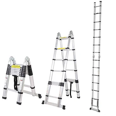 Imagen de COOCHEER Escalera telescópica de 5 m, Aluminio, 2 en 1, Plegable, 150 kg, Capacidad Carga (2,5 + 2,5 m 16 peldaños)