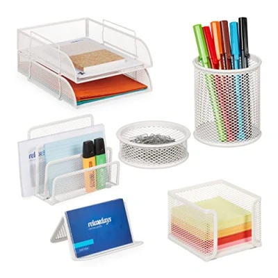 Imagen de Relaxdays Set Organizador Escritorio 7 Piezas Rejilla Metal, Bandeja Documentos, Caja Pósits, Soporte Cartas, Clips, Blanco, Acero, 8.5 x 26.5 33.5 cm