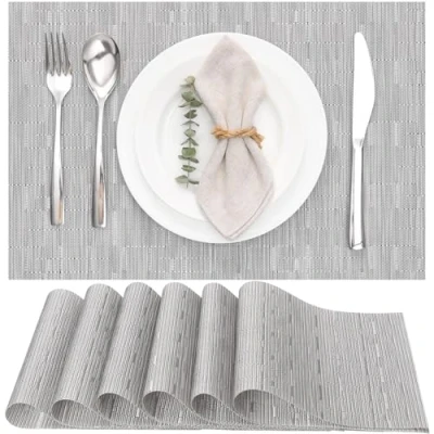 Imagen de Myir JUN Salvamanteles Individuales Juego de 6, Lavables Manteles Plásticos Vinil Esteras, Resistentes al Calor Antideslizante Fácil Limpiar y Impermeable 30x45cm (Gris)