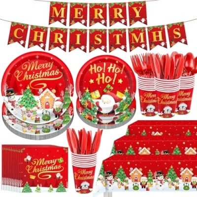 Imagen de KAHEIGN 170 Piezas Vajilla de Papel para Fiestas Navideñas, 24 x Platos Cena y Ensalada, Vasos, Servilletas, Reutilizables Cuchillos, Tenedores Cucharas, 1 Mantel Pancarta