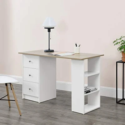 Imagen de [en.casa] Mesa Escritorio de Ordenador 120 x 49 72 cm 3 Compartimientos y Cajones Oficina Tablero Aglomerado Blanco/Color Roble