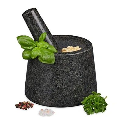 Imagen de Relaxdays Mortero con Mano, Granito, Duradero, Especias y Hierbas, Moledor Piedra Pulida, 13,5 cm Ø, Gris Oscuro