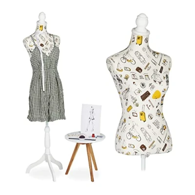 Imagen de Relaxdays Ajustable Maniquí Costura para Mujer, Altura Regulable hasta 167 cm, Busto Modista, Talla 34 38, Decorativo, Crema, Poliéster, 130 x 41 cm