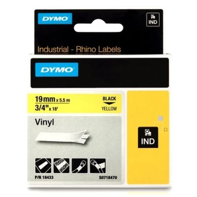 Imagen de Dymo Rhino Etiquetas autoadhesivas de vinilo industriales, rollo 19 mm x 5,5 m, Negro sobre Amarillo, 18433