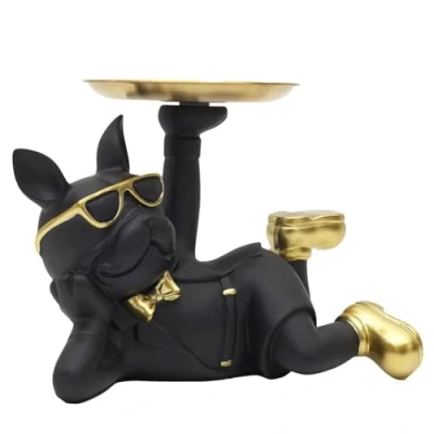 Imagen de HOME DECO FACTORY, HD0156 Estatua Bulldog negro con bolsillo vacío, elegante objeto decorativo de resina, práctico recipiente para llaves y joyas, diseño moderno, talla única, dorado