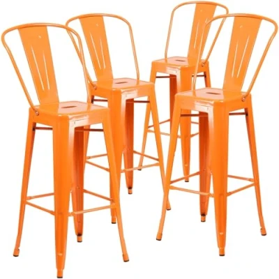 Imagen de Flash Furniture Muebles Paquete de 4 taburetes Bar Metal 30 Pulgadas Alto para Interiores y Exteriores con Respaldo, Acero galvanizado, plástico, Orange, Unidades