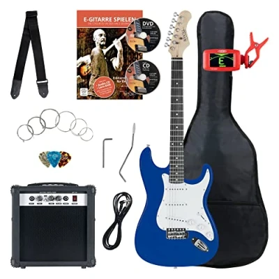 Imagen de Rocktile ST Pack Kit de Guitarra Eléctrica Completo electrica con 3 Single Coil pick up Juego amplificador, bolsa, correa, cuerdas repuesto, sintonizador y cable Color: azul