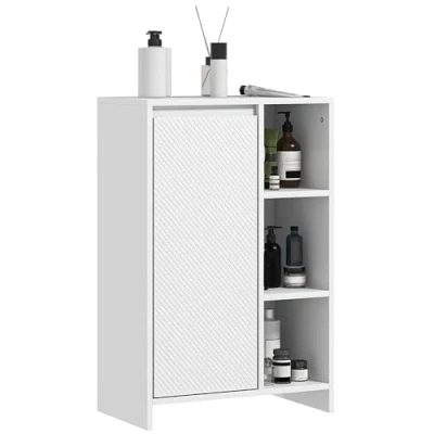 Imagen de HOMCOM Armario Alto de Baño Columna Auxiliar con Puerta 3 Estantes Abiertos Antivuelco Estilo Moderno 53x30x80 cm Blanco