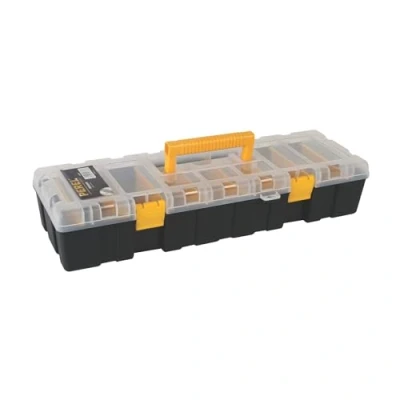 Imagen de Perel Caja de almacenamiento, máx. 9 compartimentos, 8 separadores, transparente, cubierta apilable, 460 x 160 90 mm, negro/amarillo