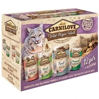 Imagen de Carnilove Multipack Gato Filetes Orígenes Salvajes Paquete de 4 x 12 85 g Alimento Completo para gatos Delicia Cuatro variedades con un 85% Carne Salvaje