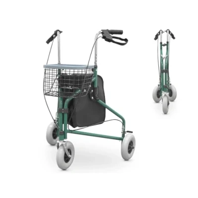 Imagen de QUIRUMED Andador plegable de 3 ruedas, Con canasto y mochila, Frenos en las manetas, Regulable altura, Color verde, Para mayores, minusválidos, Ligero