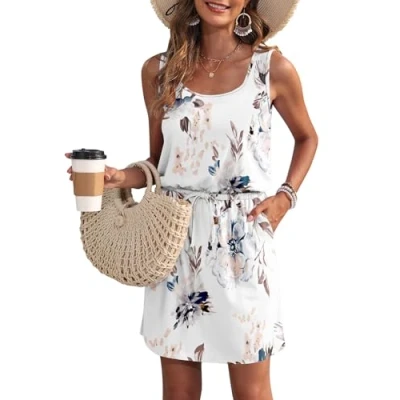 Imagen de WNEEDU Vestido de Verano para Mujer Playa sin Mangas con Cuello en U y cordón aireado Floral Blanco XL