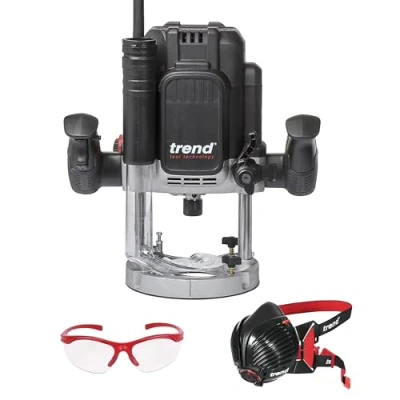 Imagen de Trend T12 Juego de Seguridad y Fresadora Taller, T12EK/EU Inmersión Velocidad Variable (2300W, 12mm, 230V), Máscara Antipolvo Gafas Seguridad, T12/SAFE/SET/E