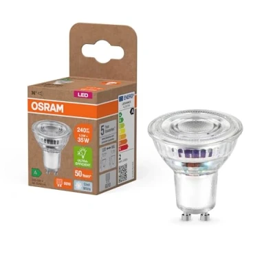 Imagen de OSRAM Lámpara reflectora LED Energy Class PAR16 con 1,3 W, 240 lm, blanco frío (4000 K) de vidrio sin plomo casquillo GU10 en clase eficiencia energética A, 50 mm diámetro, IP20.