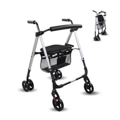 Imagen de Mobiclinic®, Andador para adultos, Plegable, Ligero, Asiento y cesta XXL, Sujeta bastones, Altura regulable, De aluminio, Marca Española, Frenos por presión, Dehesa, Ruedas macizas, Gris perlado