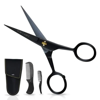 Imagen de ONTAKI tijeras profesionales de acero alemán para barba y bigote, forjadas a mano con bolsa transporte, borde biselado perfecto el cabello facial (plata) 12,7 cm