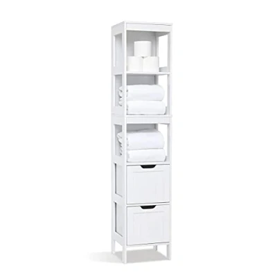 Imagen de Meerveil Armario Baño Columna, Mueble Auxiliar Estrecho con 3 Estantes Abiertos y 2 Cajones, 30 x30 x144 cm Madera Pintada Blanco Almacenaje Baño, para Cuarto de Sala Cocina