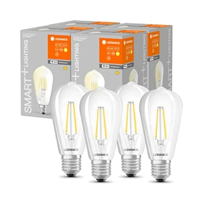 Imagen de LEDVANCE Lámpara LED inteligente con tecnología WiFi, enchufe E27, regulable, blanco cálido (2700 K), reemplaza las lámparas incandescentes por 60W, filamento SMART+ WiFi Edison Regulable,paquete de 4