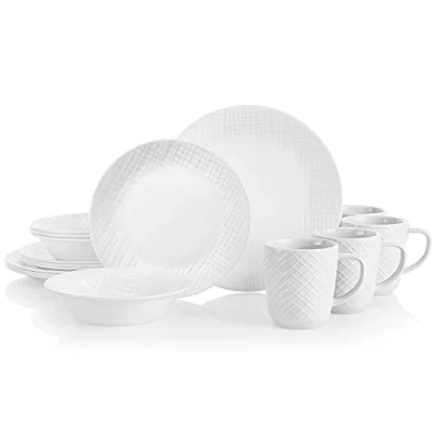 Imagen de Corelle Juego de vajilla 16 piezas tejido lino en relieve, servicio para 4, color blanco