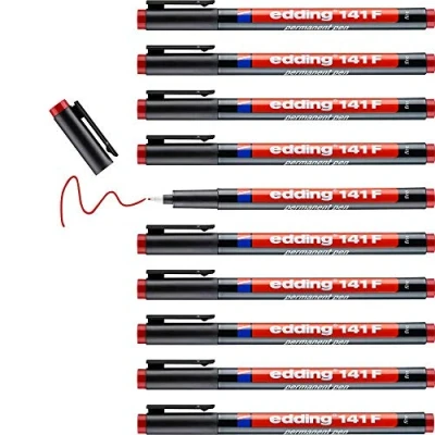 Imagen de edding 141 F rotulador permanente 10 rotuladores rojo punta redonda de 0,6 mm bolígrafo para escribir sobre cristal, plástico, láminas y superficies lisas secado rápido, no mancha,impermeable
