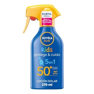 Imagen de NIVEA SUN Spray solar Kids Protege &amp; Cuida FP50+ (1 x 270 ml), protector infantil resistente al agua, protección muy alta para niños