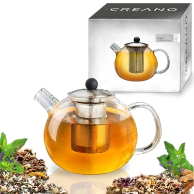 Imagen de Creano Tetera con colador de cristal 1,0 l y tapa acero inoxidable Ideal para preparar té suelto sin goteo