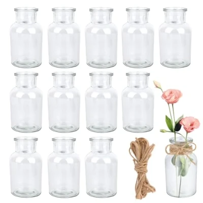 Imagen de VMUTGA Florero Pequeño 12 Piezas, de Cristal Transparente con Cuerda Arpillera 8M, Mini Jarrones para Decoración Mesa, Bodas, Cumpleaños, Jardín