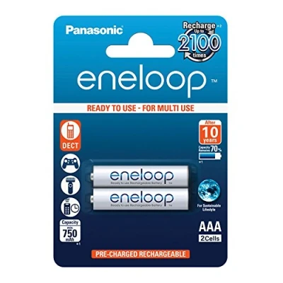 Imagen de Panasonic eneloop, pilas de Ni MH listas para usar, AAA Micro, pack 2 uds., mín. 750 mAh, 2100 ciclos carga, potentes y con baja autodescarga, recargables