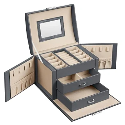 Imagen de SONGMICS Caja Joyero de 3 Niveles, para Joyas con Asa, 2 Cajones, Espejo, Cerradura, Viajar, Estilo Moderno, Regalo Seres Queridos, Gris Pizarra JBC154G01
