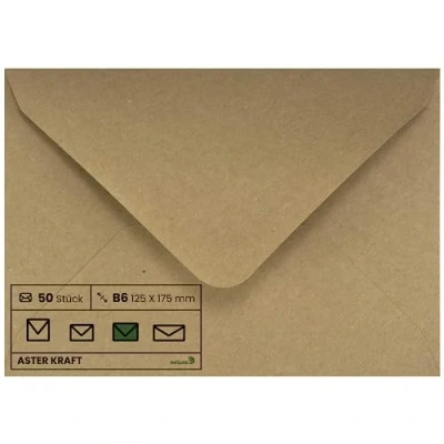 Imagen de Netuno 50x sobres marrones de papel Kraft DIN B6 125x175mm 100g Aster solapa puntiaguda engomada sin ventana ECO reciclados retro para invitaciones boda Navidad tarjetas regalo vales bautizo DIY