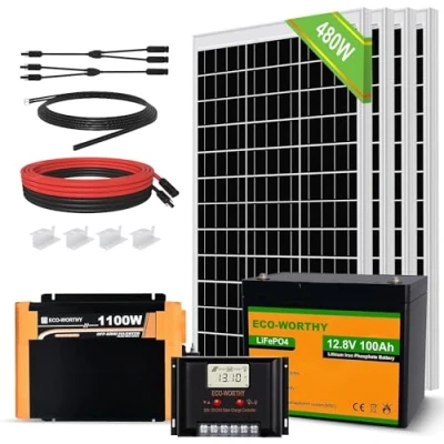 Imagen de ECO WORTHY 480 W, 12 V, 2 kW·h, sistema solar completo, de isla, kit independiente red: 4 módulos solares 120 W + regulador carga 60 A 1 batería litio 100 Ah inversor