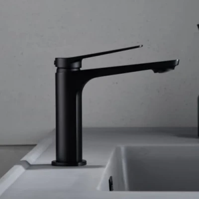 Imagen de IMEX Grifo Monomando Lavabo Baño Mezclador Agua Fria y Caliente sobre Encimera Ahorro de Serie Nápoles Color Negro Mate