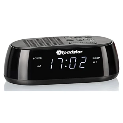 Imagen de Roadstar CLR 2477 Radio Reloj Despertador Digital PLL FM, Puerto USB de Carga Rápida, 2 Alarmas, Gran Pantalla LCD, Función Snooze, Temporizador Apagado, Negro