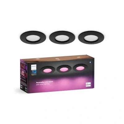 Imagen de Philips Hue downlights Slim (Pack de 3un), 90 mm, inteligentes, luz blanca y color, compatible con Bluetooth, control por voz Alexa, Apple Home Google Assistant, en negro