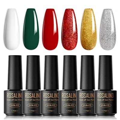 Imagen de ROSALIND esmalte de uñas semipermanente, 6 Colores Mini Blanco Verde Rojo Oro Plata Brillante Navidad Pintauñas Gel Manicura Nail Art Lote Soak Off UV LED